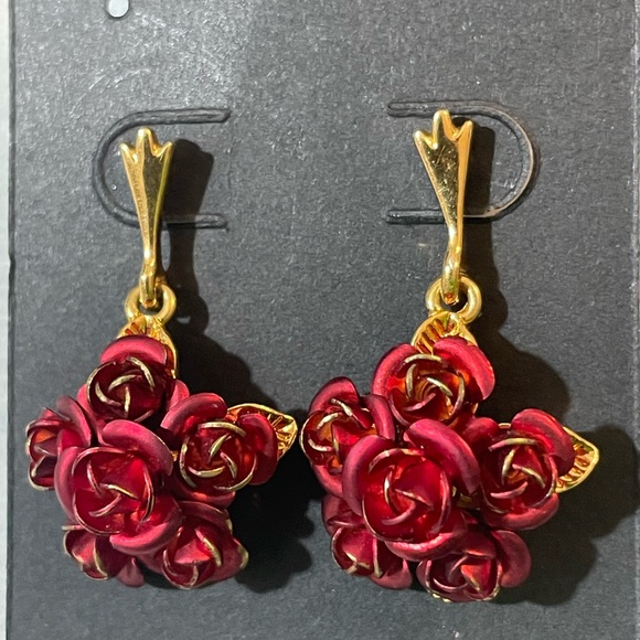 Deep Red Floral Earrings with Gold Accents - Picture 3 of 5